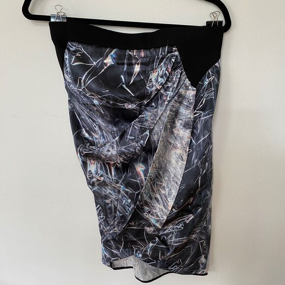 Helmut Lang SILK Cellophane Print Faux Tulip Hem Wrap Skirt Black Silver & Blue - Picture 3 of 12